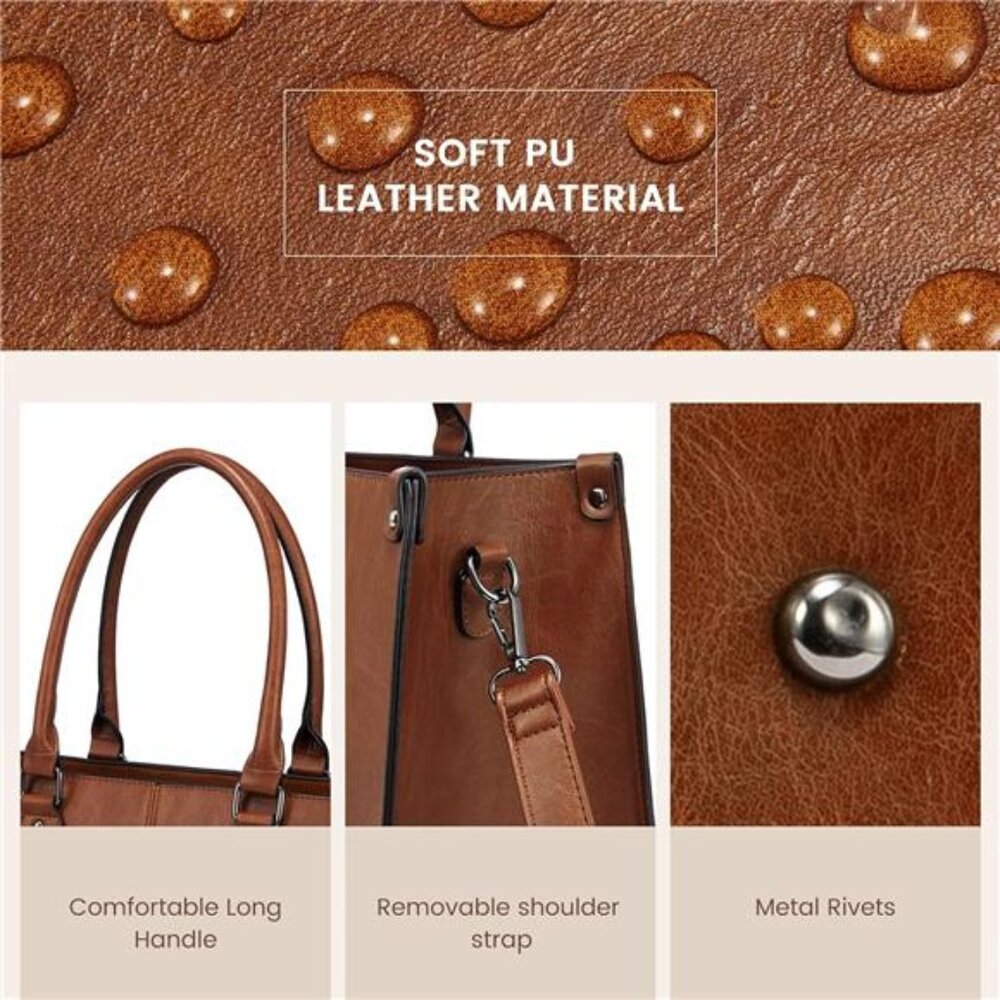 Laptop Tote Bag for Women 15.6 Inch Large Capacity Vintage Vegan Leather - Picture 6 of 7